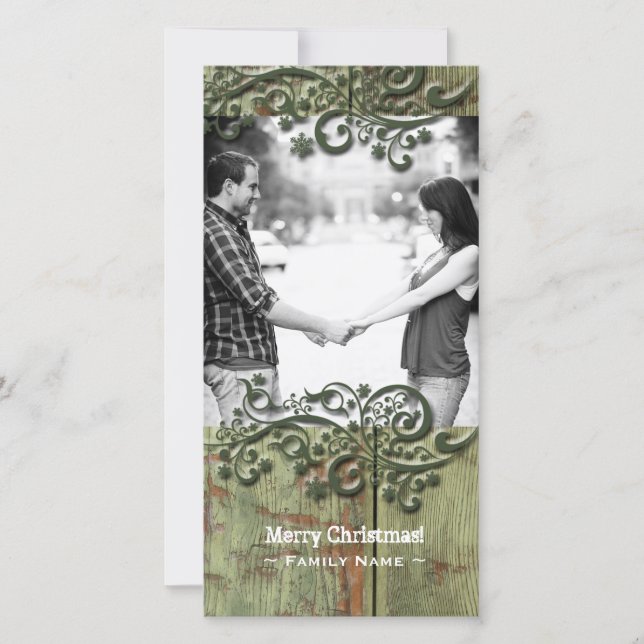 Rustic Green Wood Snow Photo Christmas Card (Front)