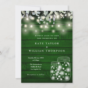 Rustic Green Wood String Lights Mason Jar Wedding Invitation