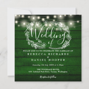 Rustic Green Wood String Lights Photo Wedding Invitation
