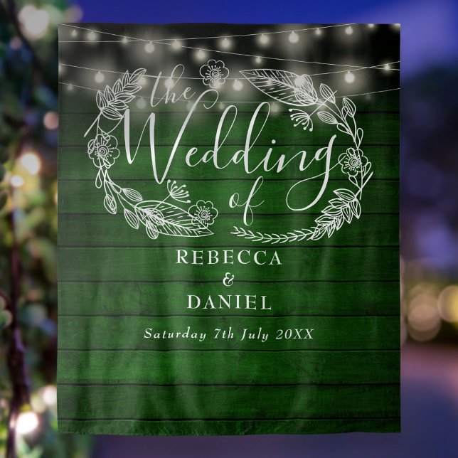 Rustic Green Wood String Lights Wedding Backdrop Tapestry (Rustic Green Wood String Lights Wedding Backdrop)