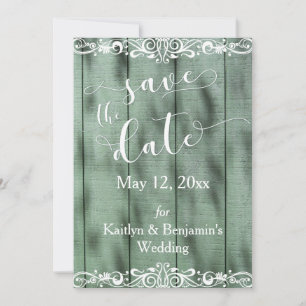Rustic Green Wood White Scrollwork Save the Date
