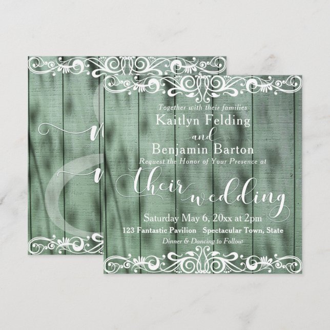 Rustic Green Wood White Scrollwork Wedding 2b Invitation (Front/Back)