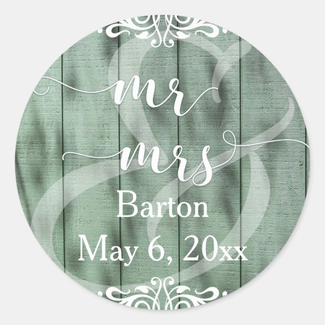 Rustic Green Wood White Scrollwork Wedding Classic Round Sticker (Front)
