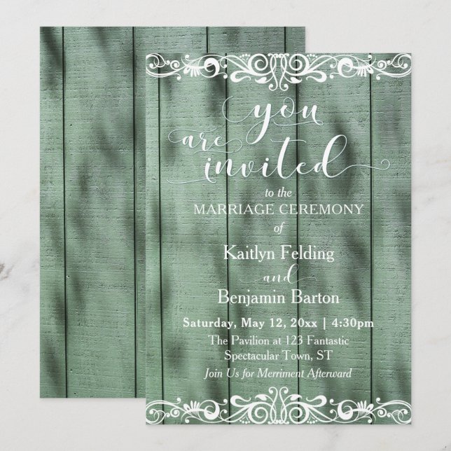 Rustic Green Wood White Scrollwork Wedding Invitation (Front/Back)