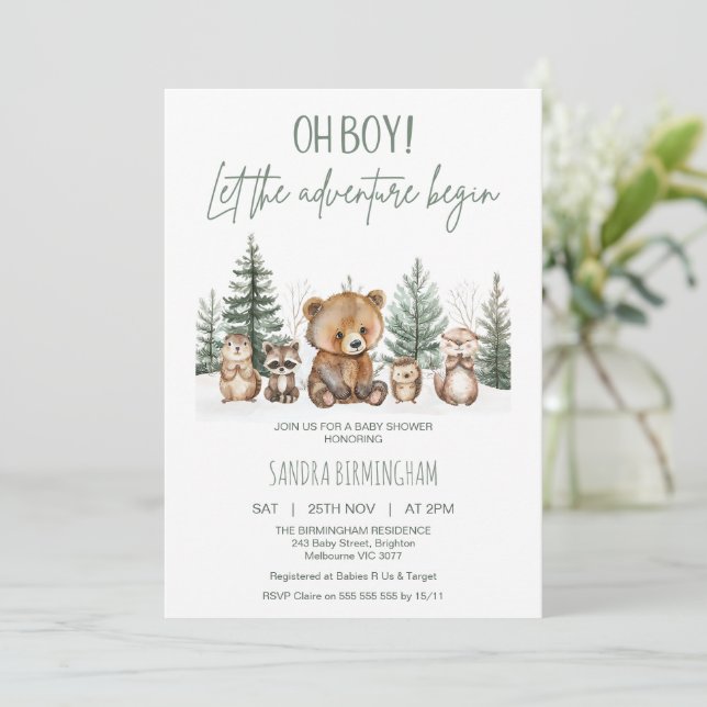 Rustic Green Woodland Adventure Begin Baby Shower Invitation (Standing Front)