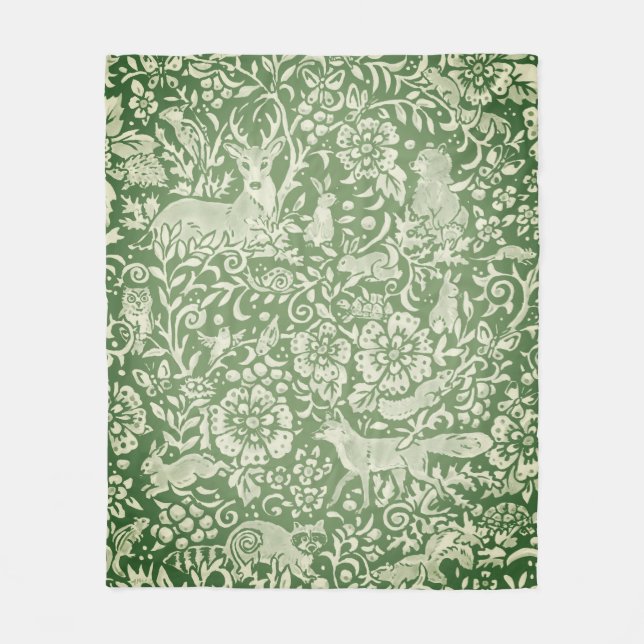 Rustic Green Woodland Animal Deer Fox Rabbit Bird Fleece Blanket (Front)