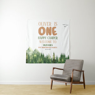 Rustic Green Woodland Happy Camper First Birthday Tapestry