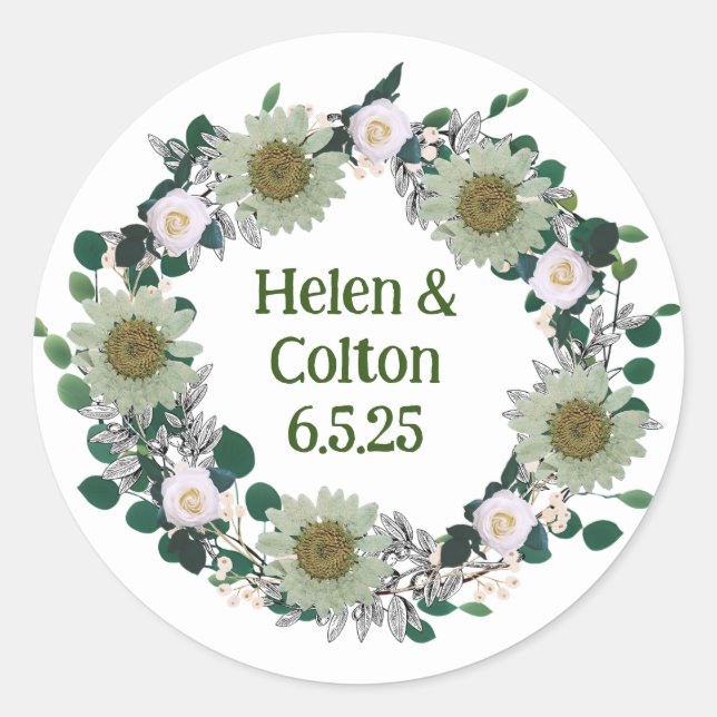 Rustic Green Woodland Wedding Floral Wreath Classic Round Sticker (Front)
