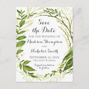 Rustic Green Wreath Save the Date Postcards