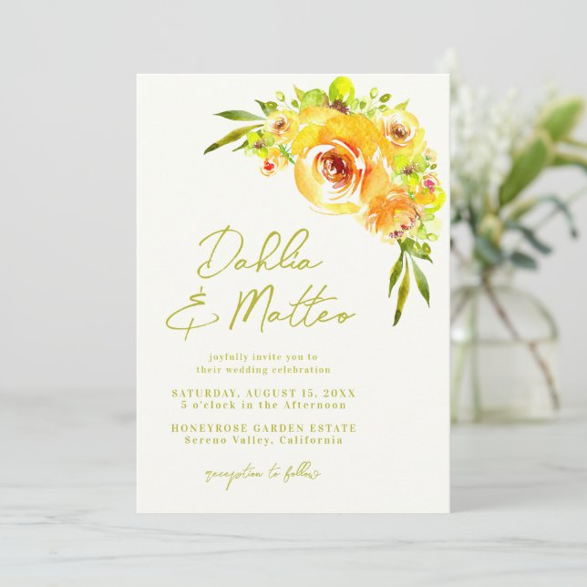 Rustic Green Yellow Floral Handwritten Wedding Invitation (Standing Front)