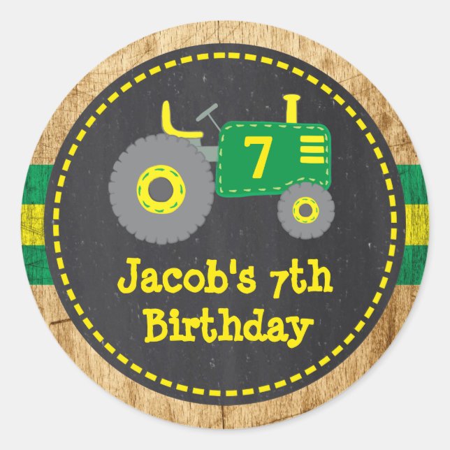 Rustic Green Yellow Tractor Birthday Favour Sticke Classic Round Sticker (Front)