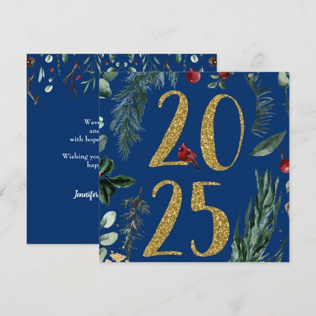 Rustic Greenery 2025 Blue New Years Holiday  Card (Front/Back)