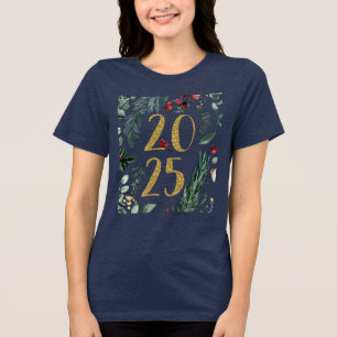 Rustic Greenery 2025 Blue New Years Holiday  Tri-Blend Shirt