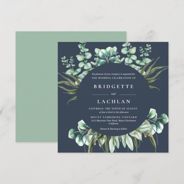 Rustic Greenery and Navy Eucalyptus SQ Wedding Invitation (Front/Back)