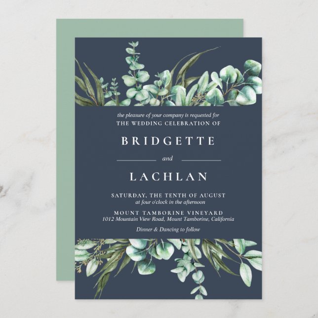 Rustic Greenery and Navy Eucalyptus Wedding Invitation (Front/Back)