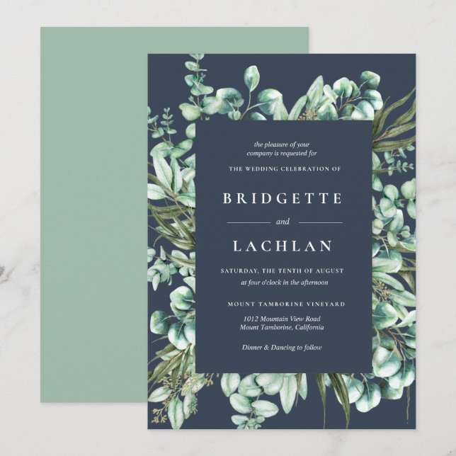 Rustic Greenery and Navy Eucalyptus Wedding Invitation (Front/Back)