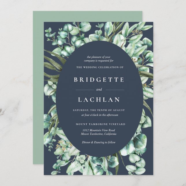 Rustic Greenery and Navy Eucalyptus Wedding Invitation (Front/Back)