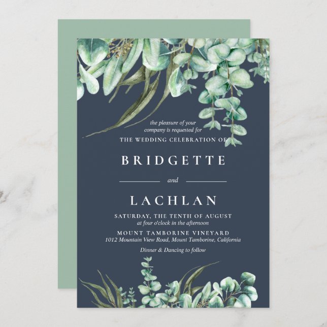 Rustic Greenery and Navy Eucalyptus Wedding Invitation (Front/Back)