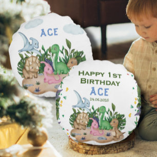 Rustic Greenery Baby Dinosaurs Wild One Birthday Round Cushion