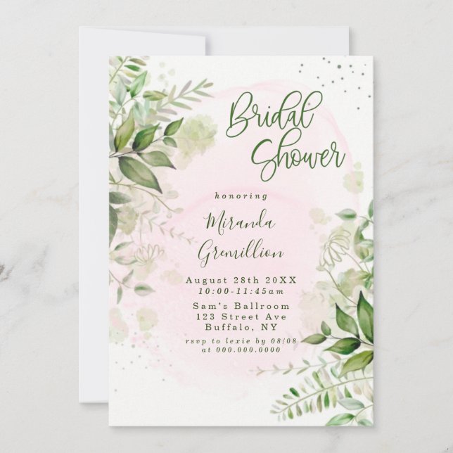 Rustic Greenery Blush Pink Airy Bridal Shower Invitation (Front)