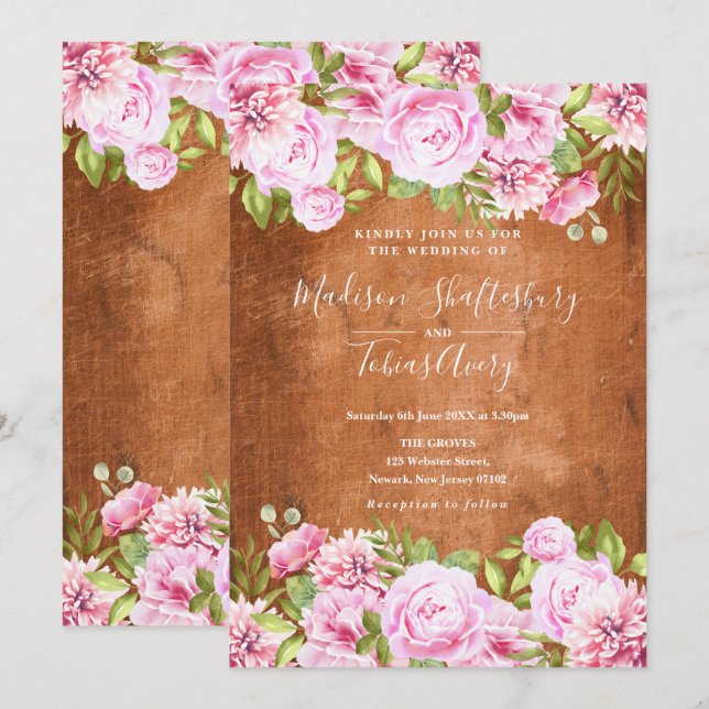 Rustic Greenery Blush Pink Peony Wedding Invitation (Front/Back)