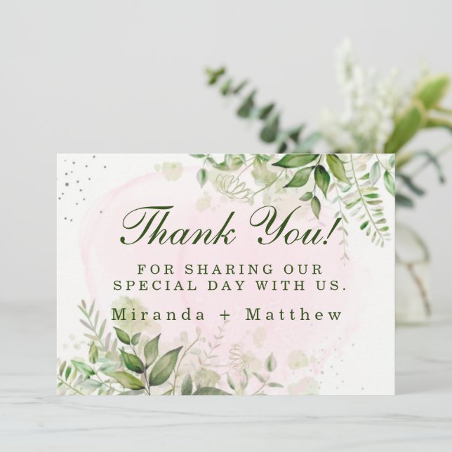 Rustic Greenery Blush Pink Wedding Thank You Cards (Standing Front)