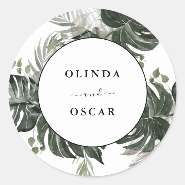 Rustic Greenery Botanical Watercolor Wedding  Classic Round Sticker (Front)