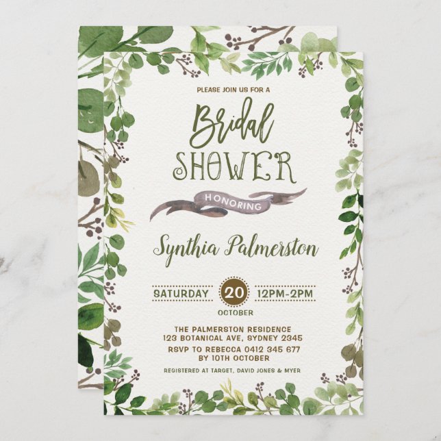 Rustic Greenery Bridal Shower Invitation Botanical (Front/Back)