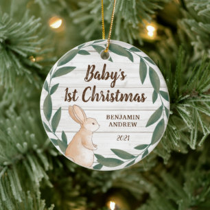 Rustic Greenery Bunny Baby's First Christmas Photo Ceramic Tree Decoration