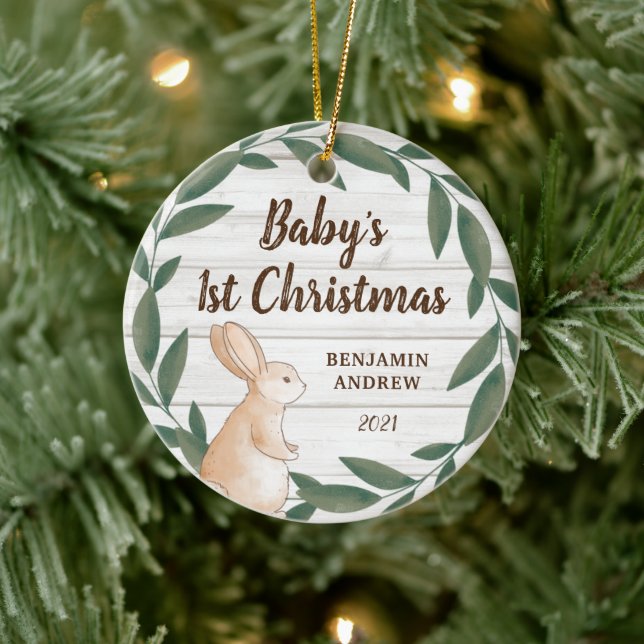 Rustic Greenery Bunny Baby's First Christmas Photo Ceramic Tree Decoration (Tree)
