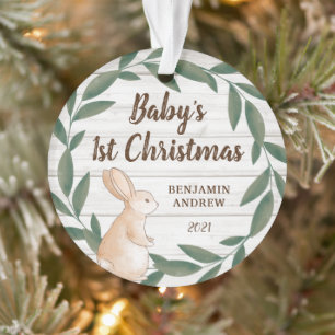 Rustic Greenery Bunny Baby's First Christmas Photo Ornament