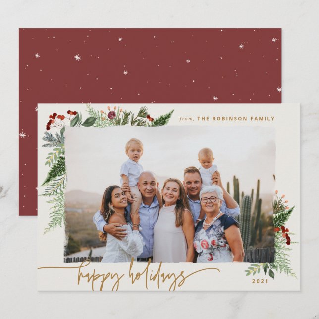 Rustic Greenery Burgundy Beige Gold Photo Holiday Card (Front/Back)