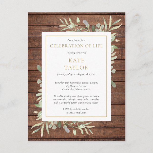 Rustic Greenery Celebration of Life Invitation Postcard (Front)