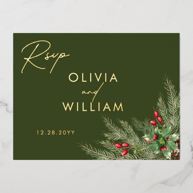 Rustic Greenery Christmas Holiday Wedding RSVP Foil Invitation Postcard (Front)