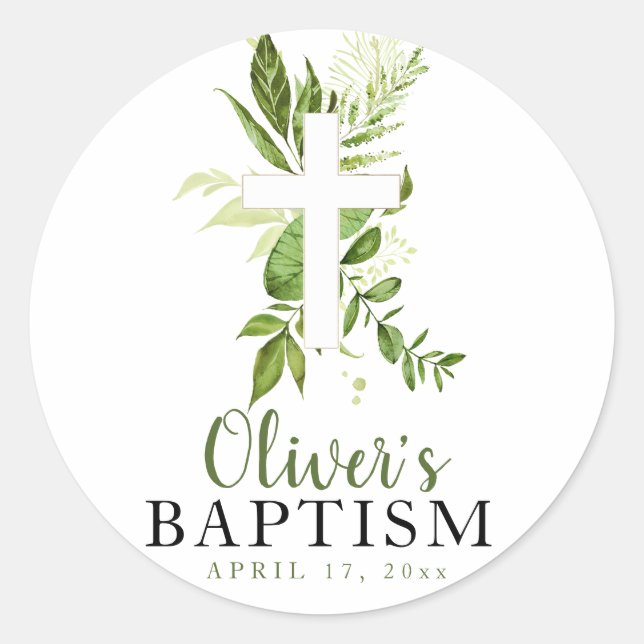 Rustic Greenery Cross Boy Baptism Classic Round Sticker (Front)