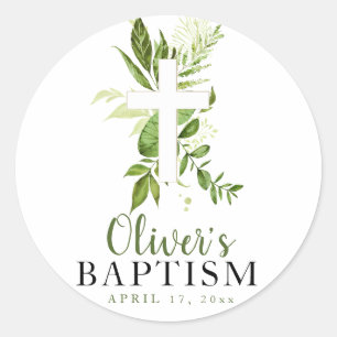 Rustic Greenery Cross Boy Baptism Classic Round Sticker