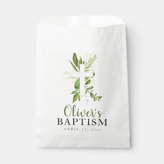 Rustic Greenery Cross Boy Baptism Favour Bags (Front)