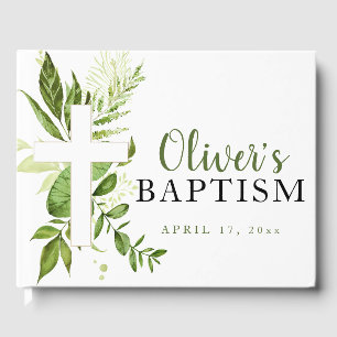 Rustic Greenery Cross Boy Baptism Guest Book