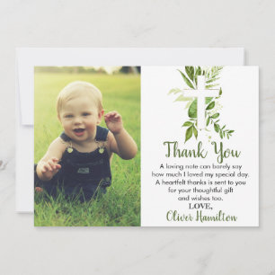Rustic Greenery Cross Boy Baptism Photo Thank You Card