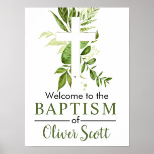 Rustic Greenery Cross Boy Baptism Welcome Poster