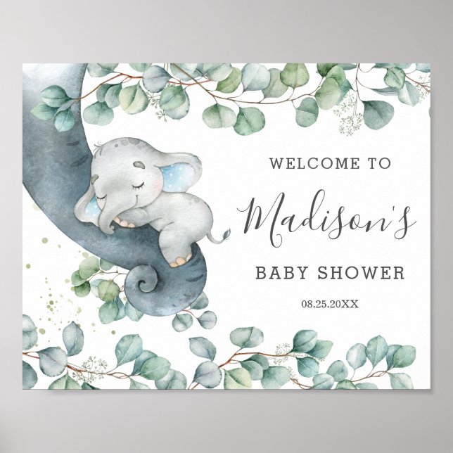 Rustic Greenery Cute Elephant Baby Shower Welcome Poster (Front)