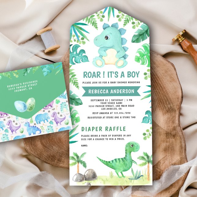 Rustic Greenery Cute Teal Dinosaur Baby Shower All In One Invitation (Creator Uploaded)