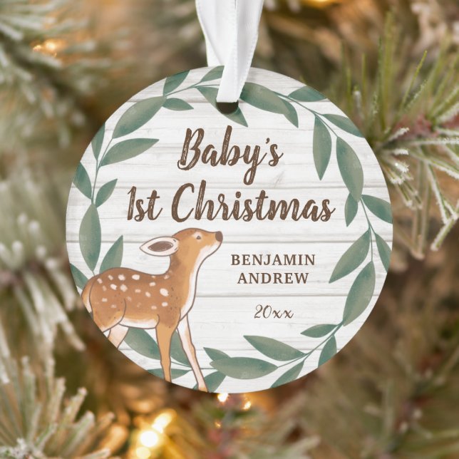 Rustic Greenery Deer Baby's First Christmas Photo Ornament (Tree)
