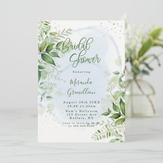 Rustic Greenery Dusty Blue Airy Bridal Shower Invi Invitation (Standing Front)
