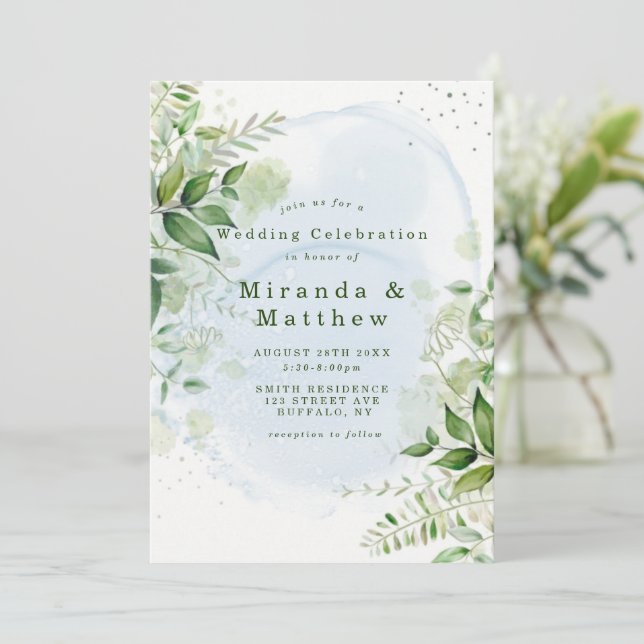 Rustic Greenery Dusty Blue Airy Wedding Invitation (Standing Front)