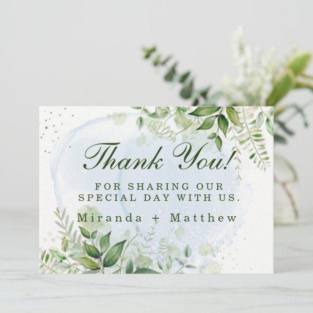 Rustic Greenery Dusty Blue Wedding Thank You Cards (Standing Front)