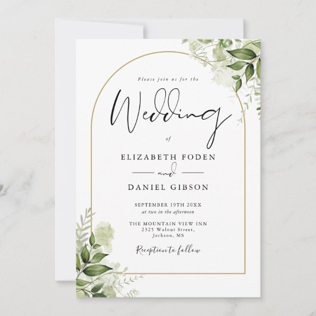 Rustic Greenery Elegant Gold Arch Monogram Wedding Invitation (Front)