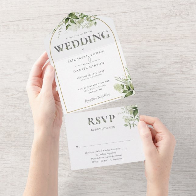 Rustic Greenery Elegant Gold Arch Wedding All In One Invitation (Tearaway)