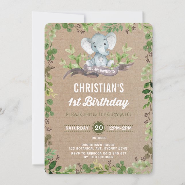 Rustic Greenery Elephant 1st Birthday Invitation (Front)