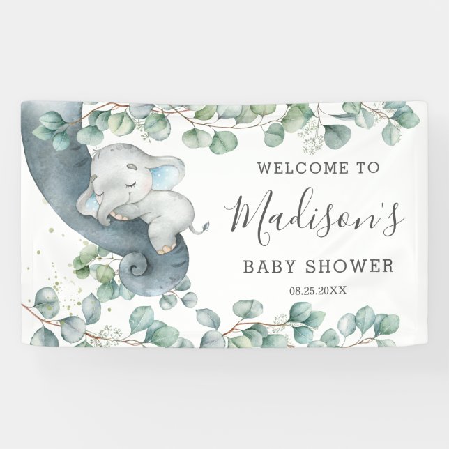 Rustic Greenery Elephant Baby Shower Boy Welcome Banner (Horizontal)